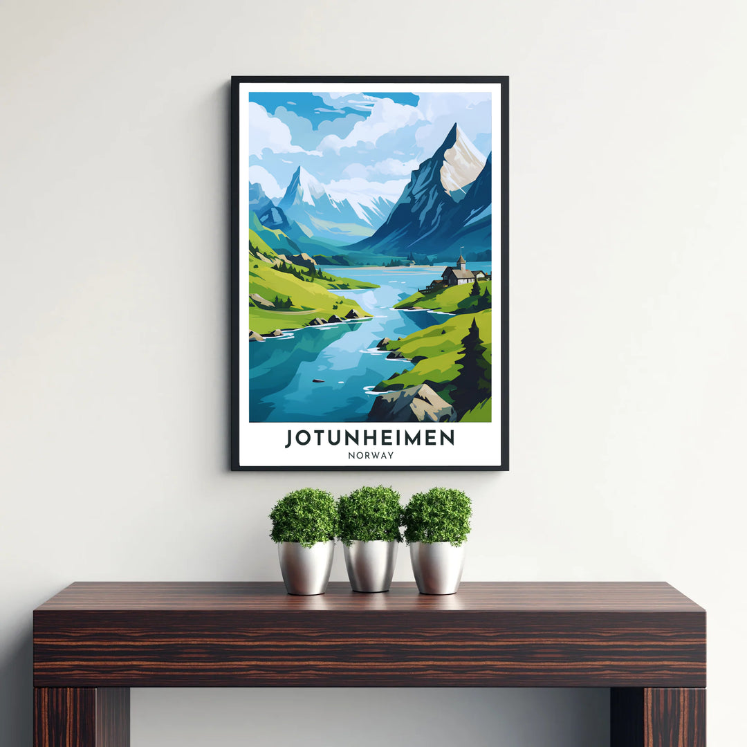 Iconic Scandinavian mountain print depicting the iconic peaks of Jotunheimen Norway surrounding a serene glacial lake. Perfect for outdoor enthusiasts, this wall decor selection includes lightweight unframed paper prints, solid wood framed prints, and gallery wrapped canvas wall decor options.