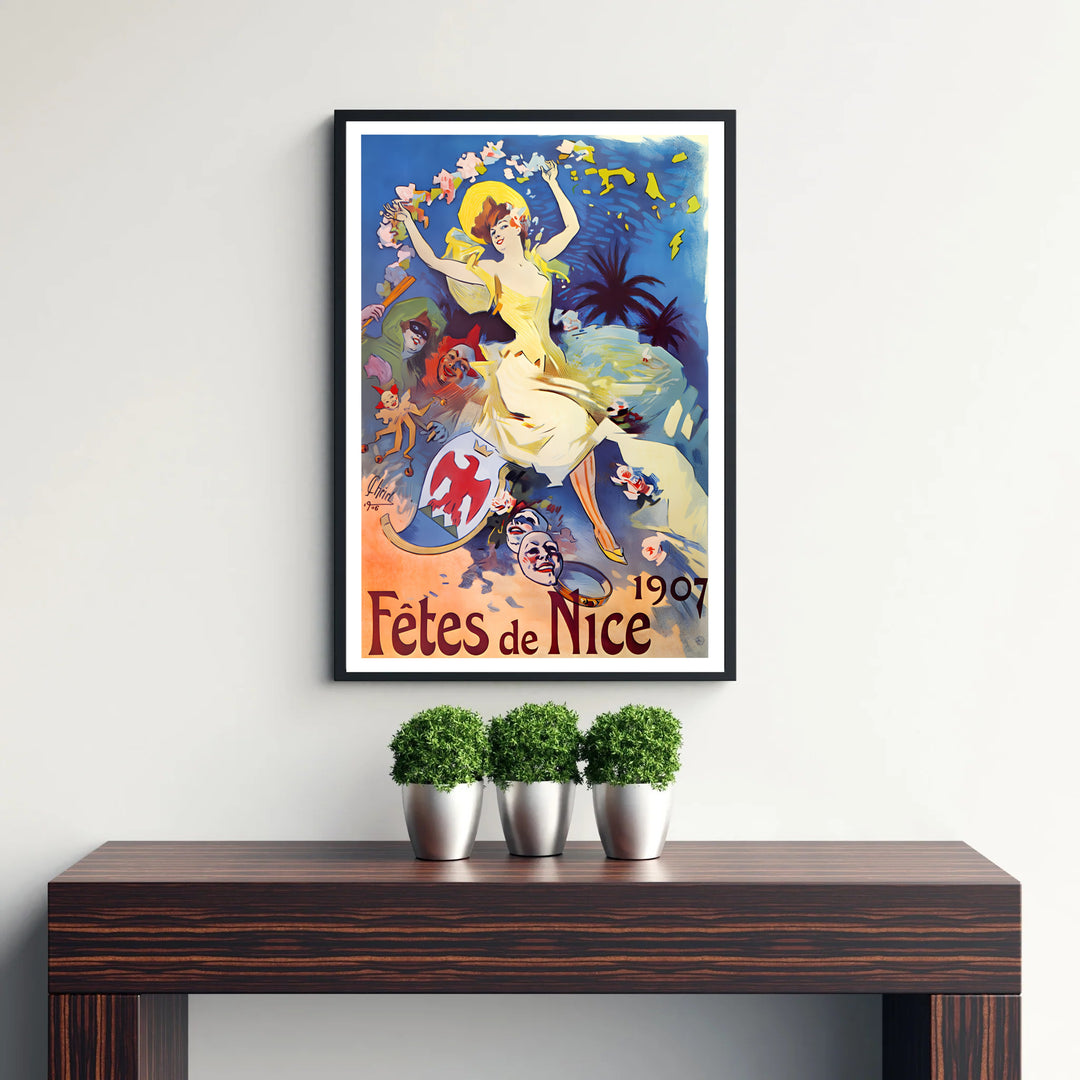Authentic 1907 French Riviera exhibition poster Fêtes De Nice by artist Jules Chéret featuring a eagle crest in Nice France. Shop high-definition framed, unframed, and canvas art print choices at MapYourDreams.