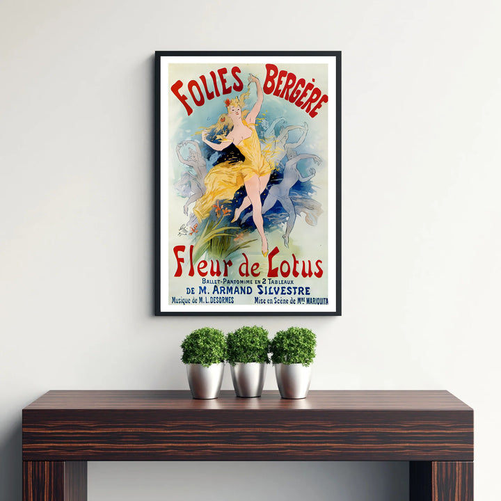 Decorative French Belle Époque poster Folies Bergère Fleur De Lotus by artist Jules Chéret displaying ballet pantomime dancers in Paris France. Discover custom framed, unframed, and canvas print decor options at MapYourDreams.
