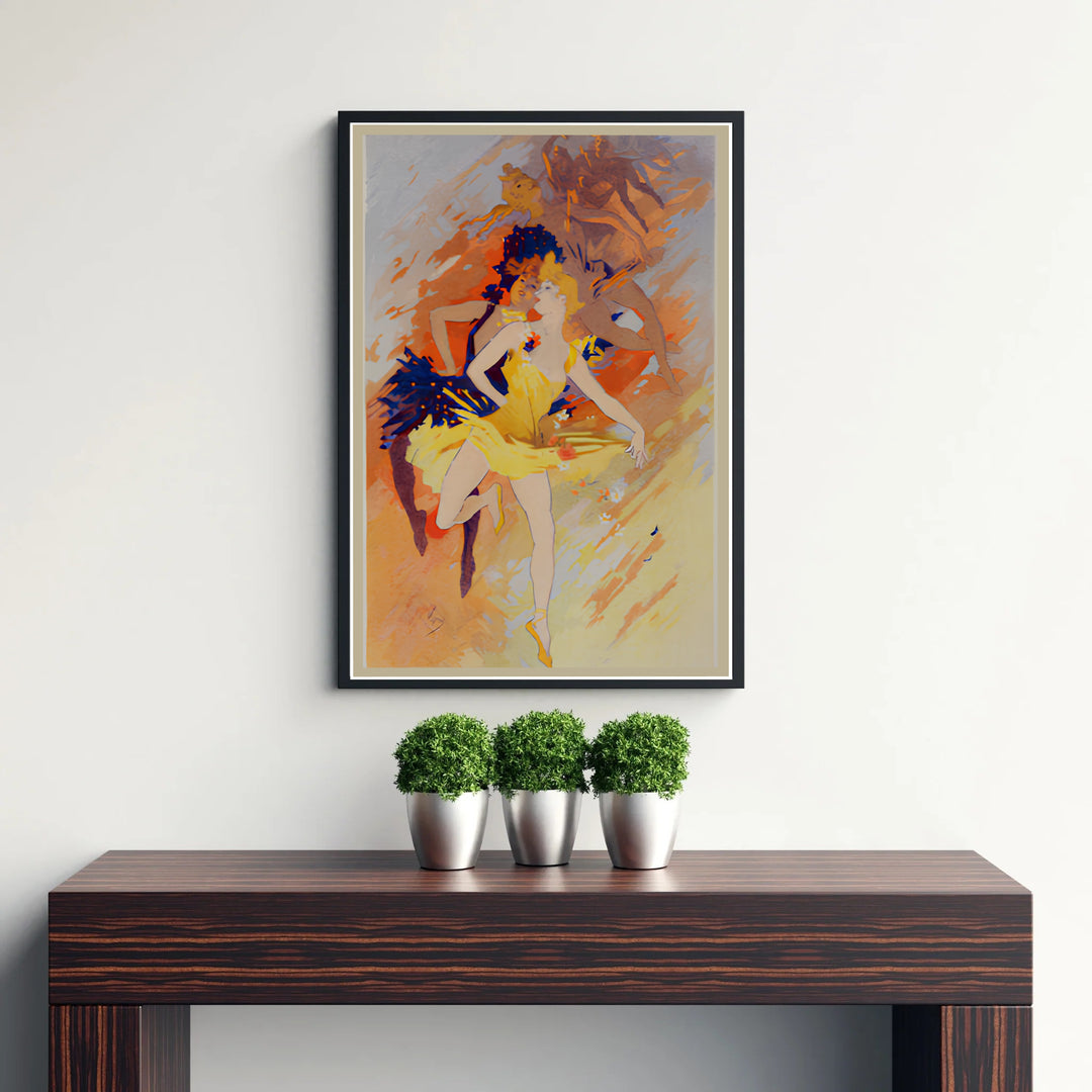 French performance art poster La Danse by artist Jules Chéret depicting a Chérette figure in Paris France. MapYourDreams supplies framed, unframed, and canvas poster options for wall decor.