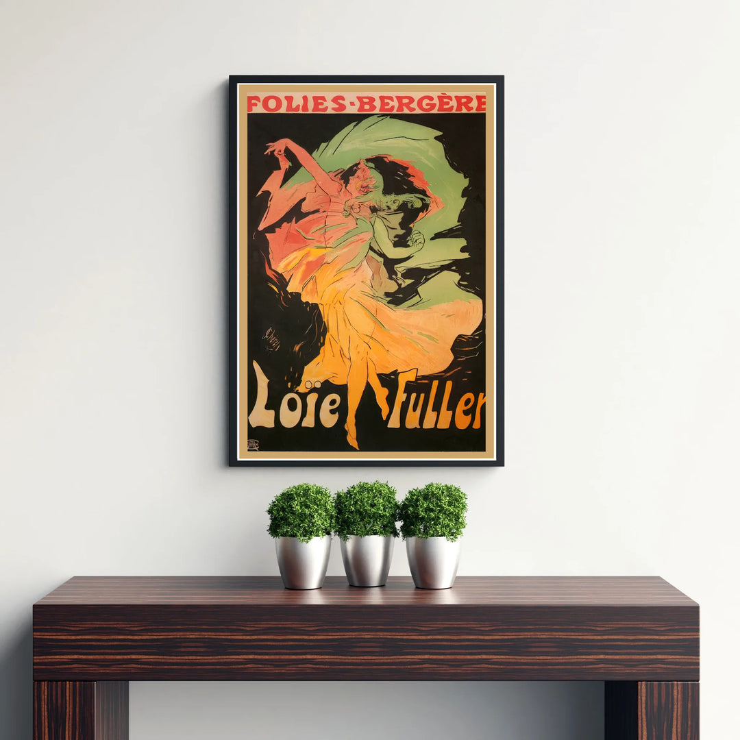 Decorative French Belle Époque poster Loïe Fuller Folies Bergère by artist Jules Chéret displaying serpentine dance movement in Paris France. Discover custom framed, unframed, and canvas print decor options at MapYourDreams.