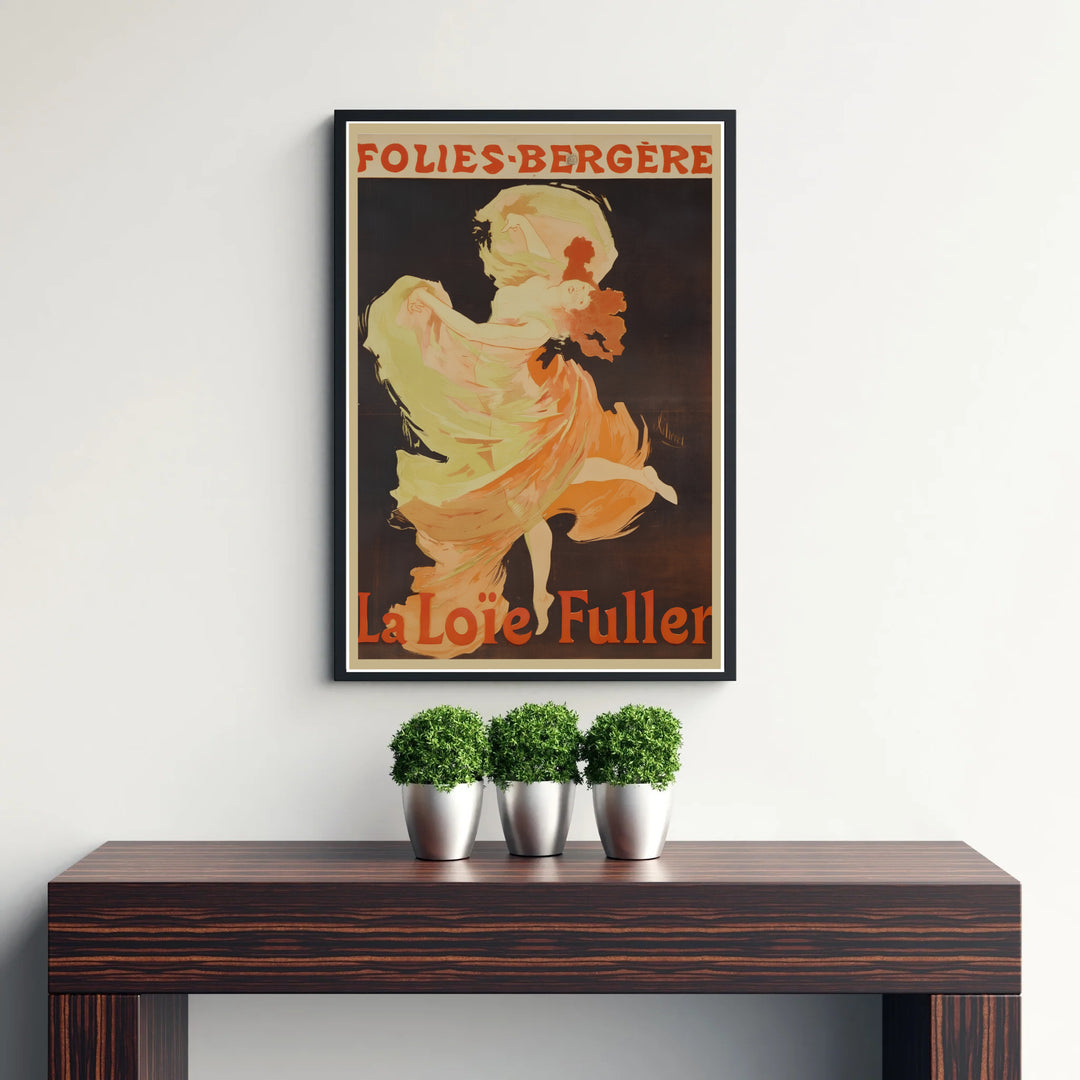Decorative French Belle Époque poster La Loïe Fuller Folies Bergère by artist Jules Chéret displaying serpentine dance movement in Paris France. Discover custom framed, unframed, and canvas print decor options at MapYourDreams.