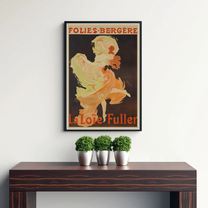 Decorative French Belle Époque poster La Loïe Fuller Folies Bergère by artist Jules Chéret displaying serpentine dance movement in Paris France. Discover custom framed, unframed, and canvas print decor options at MapYourDreams.