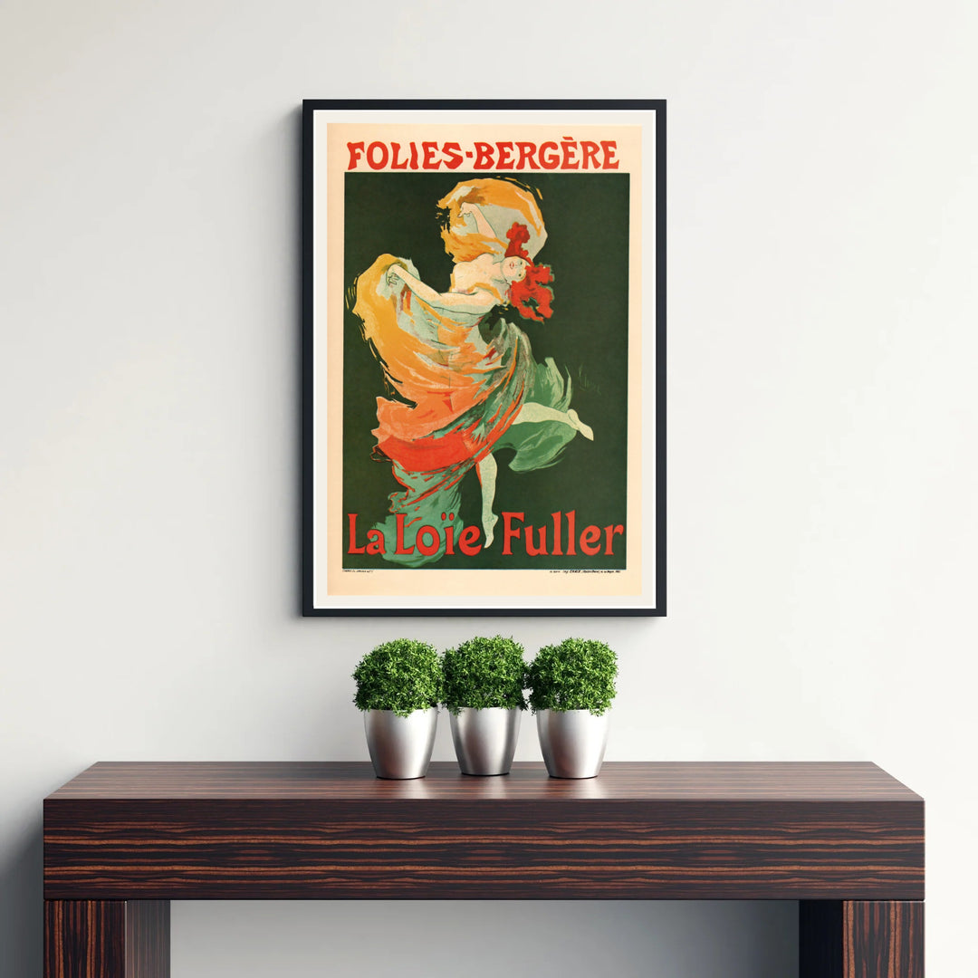 French travel and theater advertisement poster Folies Bergère La Loïe Fuller by artist Jules Chéret depicting a Chérette dancer in Paris France. MapYourDreams supplies framed, unframed, and canvas poster options for wall decor.
