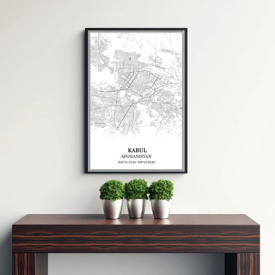 Fine cartography print of Kabul Afghanistan showing street layouts and major boulevards in a modern black and white format, available from MapYourDreams as an unframed paper print, gallery wrapped canvas wall art, or custom framed print in retro white frames for minimalist home interiors.