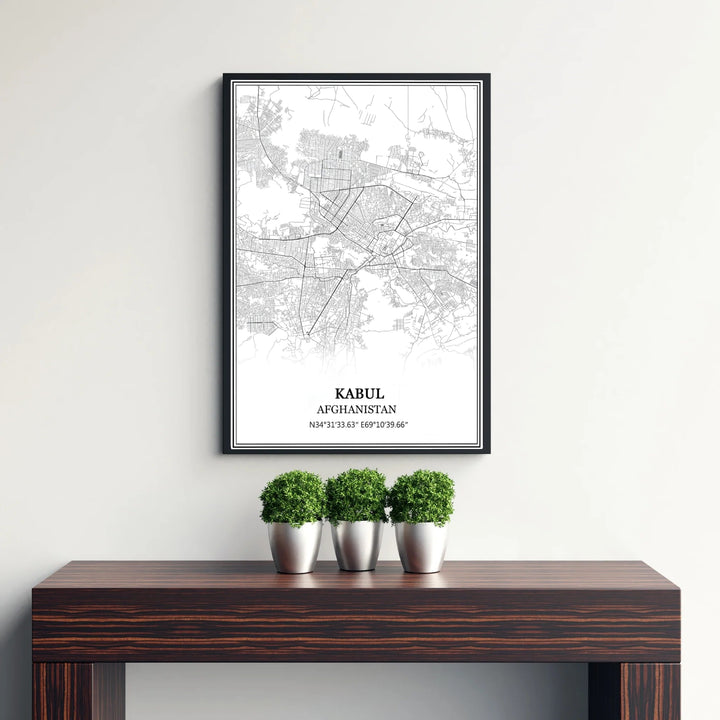 Fine cartography print of Kabul Afghanistan showing street layouts and major boulevards in a modern black and white format, available from MapYourDreams as an unframed paper print, gallery wrapped canvas wall art, or custom framed print in retro white frames for minimalist home interiors.