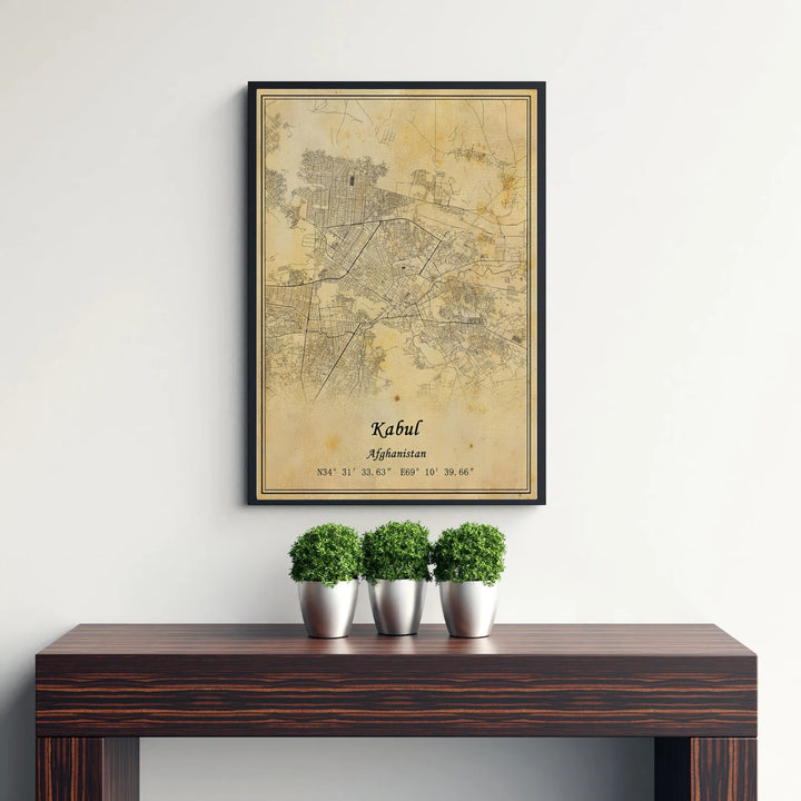 Kabul Afghanistan city map wall art poster featuring weathered paper background textures and script text, offered by MapYourDreams as an unframed fine art print, stretched gallery canvas, or custom framed wall decor in classic black and natural wood frame finishes for workspace walls.