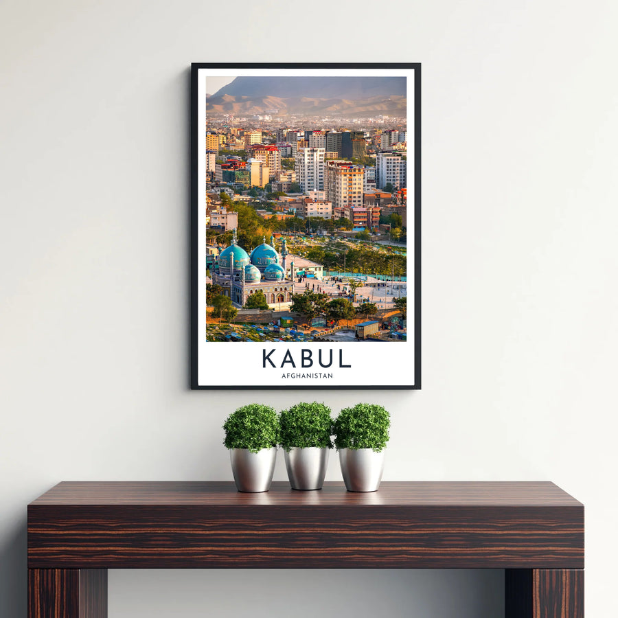Architectural photograph wall art of Kabul Afghanistan displaying central city buildings and Hindu Kush mountains, supplied by MapYourDreams as an unframed paper print, gallery canvas print, or custom framed wall art in retro white frames for contemporary home office interiors.