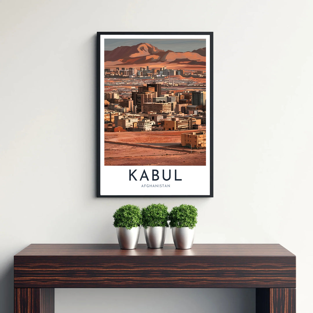 Vibrant exhibition style photography poster of Kabul Afghanistan showing warm building facades and crisp mountain lines, available from MapYourDreams as an unframed fine art poster, stretched gallery canvas, or custom framed decor in classic black and natural wood frame styles.