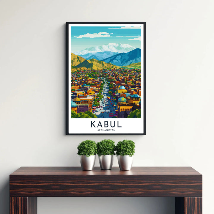 Painterly illustrated art print of Kabul Afghanistan displaying dense valley housing and dramatic Hindu Kush mountain slopes, supplied by MapYourDreams as an unframed paper print, gallery canvas print, or custom framed wall art in retro white frames for contemporary home office interiors.