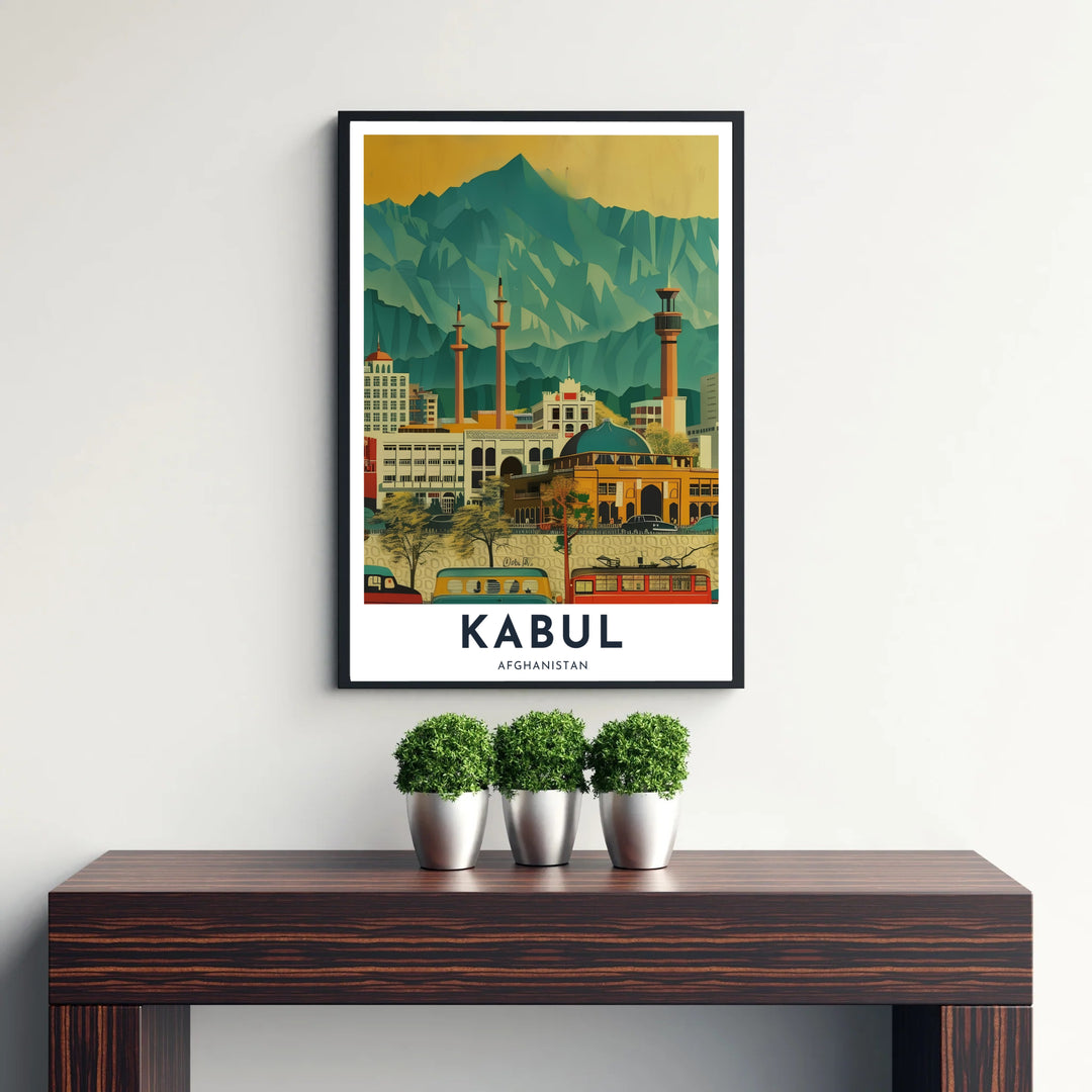 Illustrated wall decor print featuring colorful urban building facades and impressive mountain peaks across the Kabul, Afghanistan skyline. Created by MapYourDreams with choices including unframed prints, canvas wall art, or custom framed posters in white, bronze, and silver frame selections.
