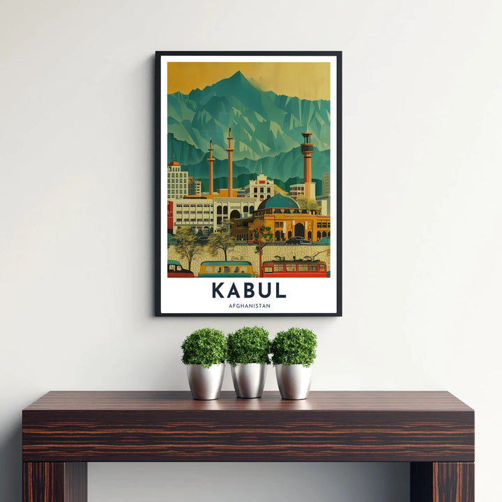 Illustrated wall decor print featuring colorful urban building facades and impressive mountain peaks across the Kabul, Afghanistan skyline. Created by MapYourDreams with choices including unframed prints, canvas wall art, or custom framed posters in white, bronze, and silver frame selections.