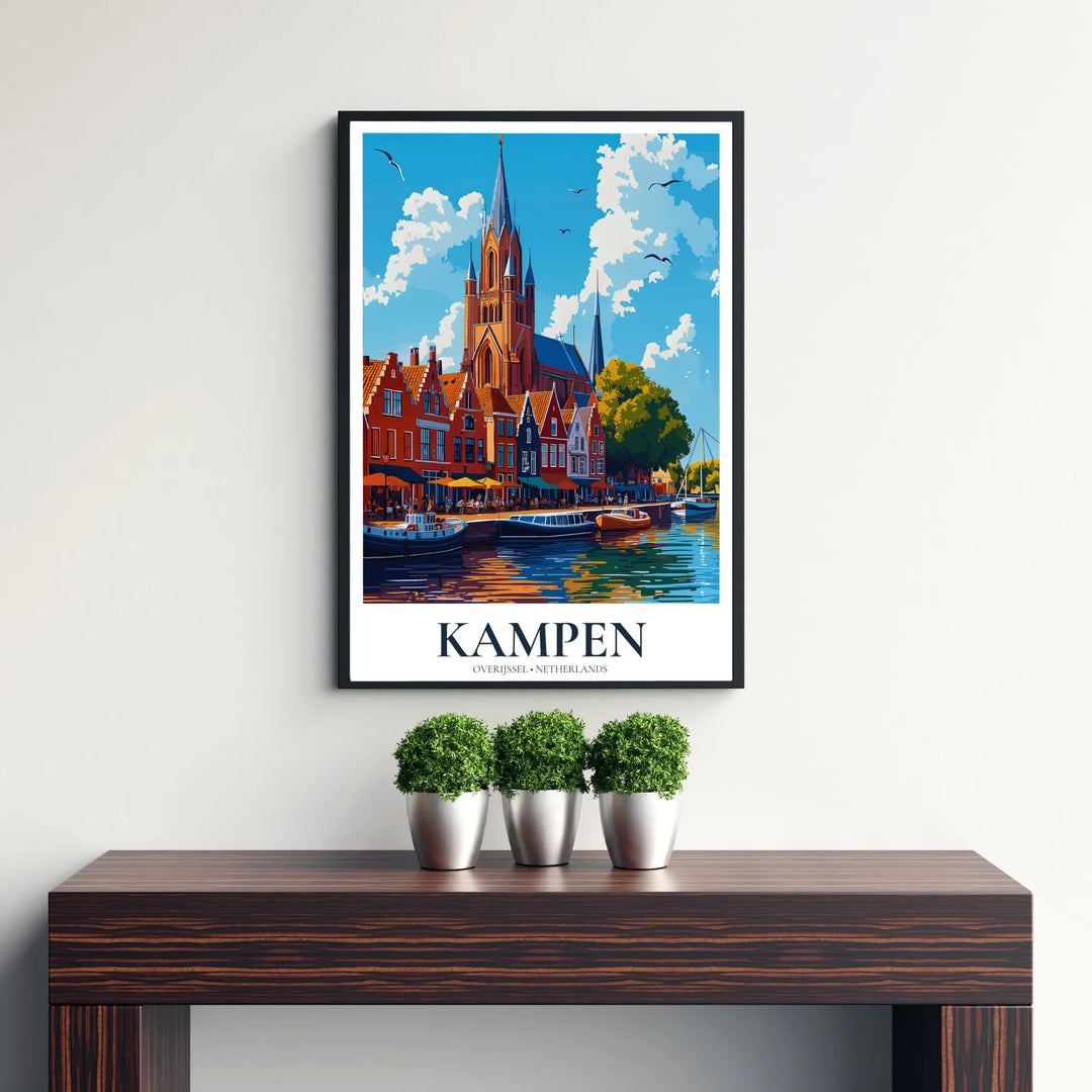 Architectural landscape wall art of Kampen Overijssel Netherlands featuring historic terracotta brick facades along the IJssel river, provided by MapYourDreams with product options ranging from an unframed poster, gallery stretched canvas art, to custom framed art for dining rooms.