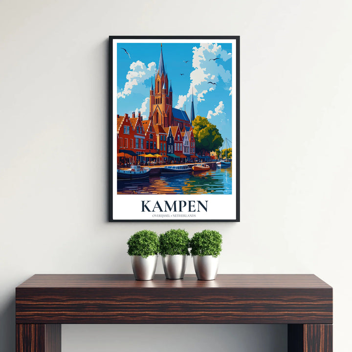 Architectural landscape wall art of Kampen Overijssel Netherlands featuring historic terracotta brick facades along the IJssel river, provided by MapYourDreams with product options ranging from an unframed poster, gallery stretched canvas art, to custom framed art for dining rooms.
