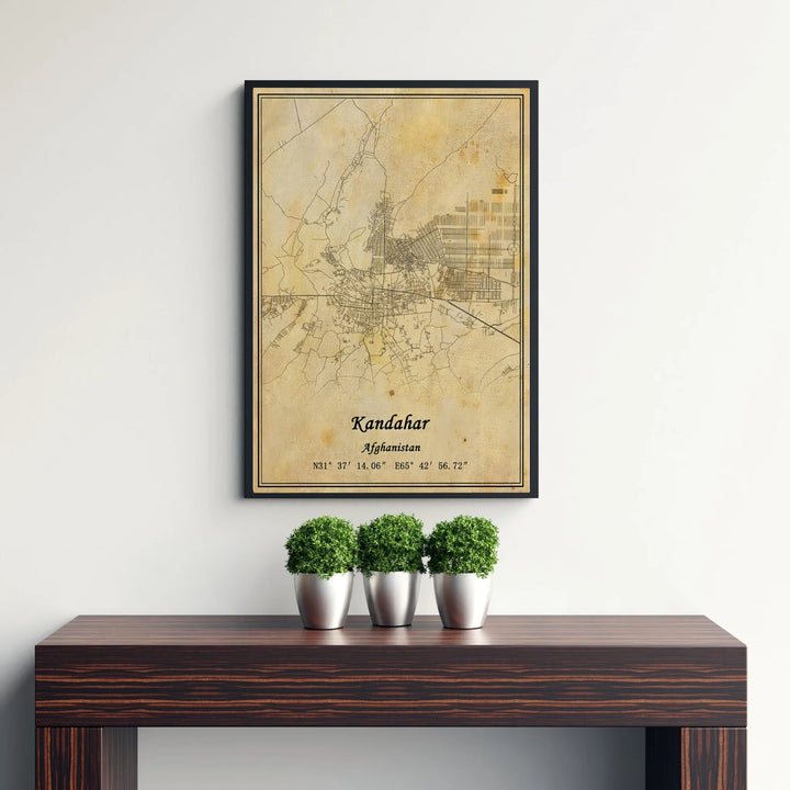 Architectural map illustration poster of Kandahar, Afghanistan, capturing urban layout details, outer transit paths, and rustic parchment texture finishes. Supplied by MapYourDreams as an unframed paper print, a gallery canvas print, or a custom framed wall art piece in a retro white frame for rustic living room layouts.