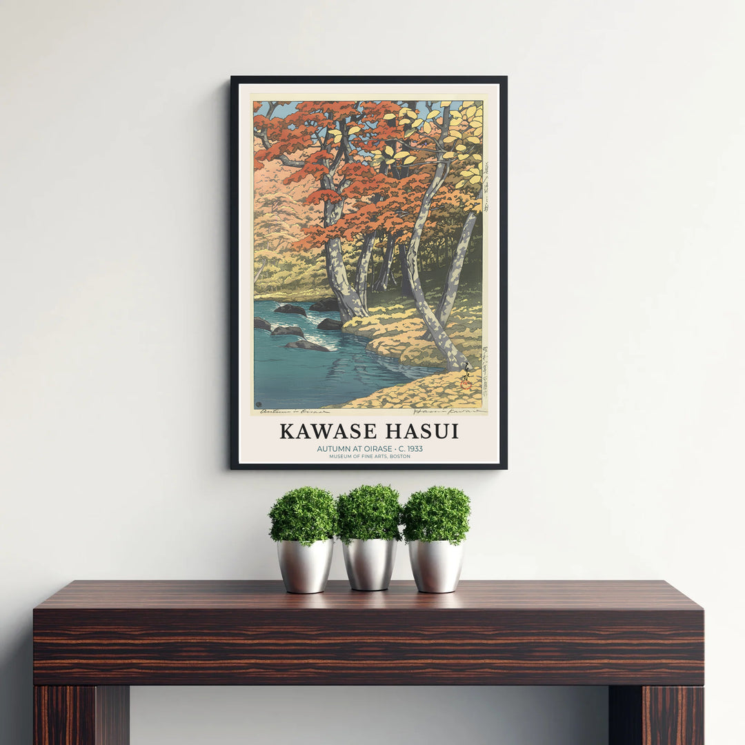 Japanese Shin-hanga woodblock poster Autumn at Oirase by artist Kawase Hasui showcasing vibrant red leaves and grey birch bark at Oirase Mountain Stream. Discover custom framed, unframed, and canvas print decor options at MapYourDreams.