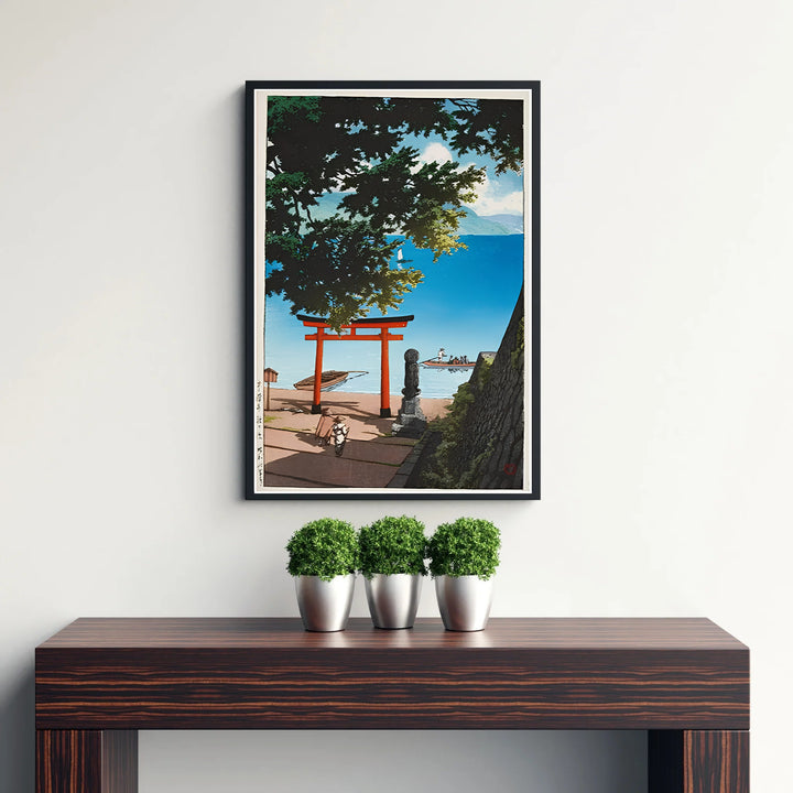 Japanese Shin-hanga woodblock poster Lake Biwa by artist Kawase Hasui showcasing vibrant red torii gate structure at Lake Biwa. Discover custom framed, unframed, and canvas print decor options at MapYourDreams.