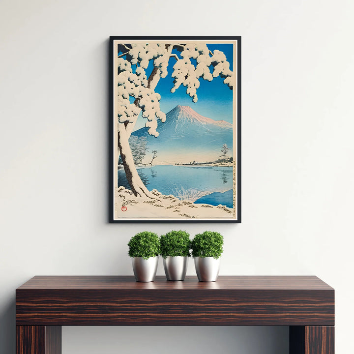 Japanese Shin-hanga woodblock poster Lake Kawaguchi by artist Kawase Hasui showcasing Mount Fuji glowing in soft blush pink light at Lake Kawaguchi. Discover custom framed, unframed, and canvas print decor options at MapYourDreams.