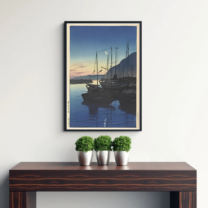 Japanese Shin-hanga woodblock poster Morning in Beppu by artist Kawase Hasui showcasing crescent moon and star at Morning in Beppu. Discover custom framed, unframed, and canvas print decor options at MapYourDreams.
