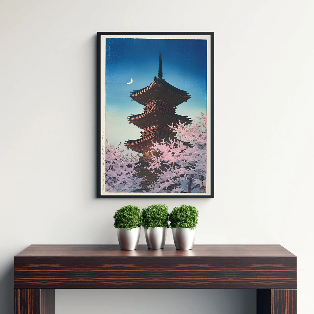 Japanese Shin-hanga woodblock poster Spring Evening Ueno by artist Kawase Hasui showcasing white and pink cherry blossoms at Spring Evening Ueno. Discover custom framed, unframed, and canvas print decor options at MapYourDreams.