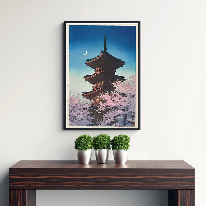 Japanese Shin-hanga woodblock poster Spring Evening Ueno by artist Kawase Hasui showcasing white and pink cherry blossoms at Spring Evening Ueno. Discover custom framed, unframed, and canvas print decor options at MapYourDreams.