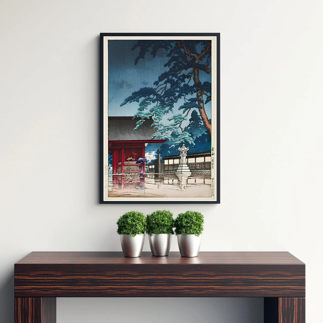 Japanese Shin-hanga woodblock poster Spring Rain Gokokuji Temple by artist Kawase Hasui showcasing pine foliage and stone lantern at Spring Rain Gokokuji Temple. Discover custom framed, unframed, and canvas print decor options at MapYourDreams.