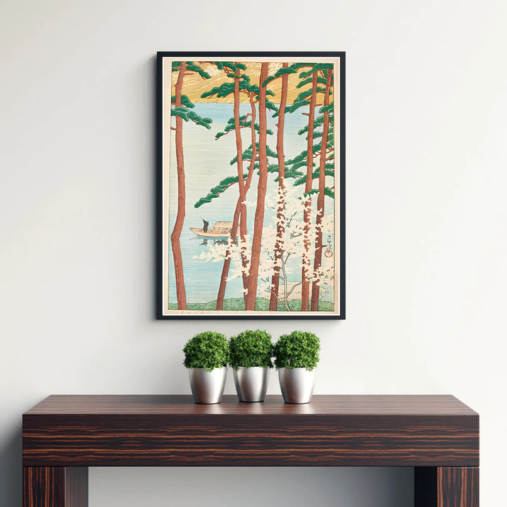 Japanese Shin-hanga woodblock poster Spring at Arashiyama Kyoto by artist Kawase Hasui showcasing white sakura blossoms at Spring at Arashiyama Kyoto. Discover custom framed, unframed, and canvas print decor options at MapYourDreams.