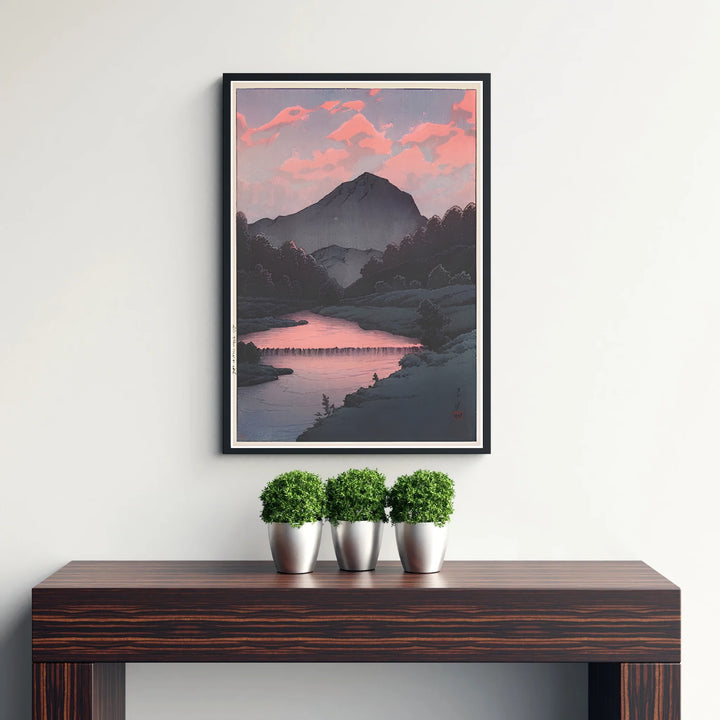 Japanese Shin-hanga woodblock poster Sunset at Oirase by artist Kawase Hasui showcasing forest hills and glowing sky at Sunset at Oirase. Discover custom framed, unframed, and canvas print decor options at MapYourDreams.
