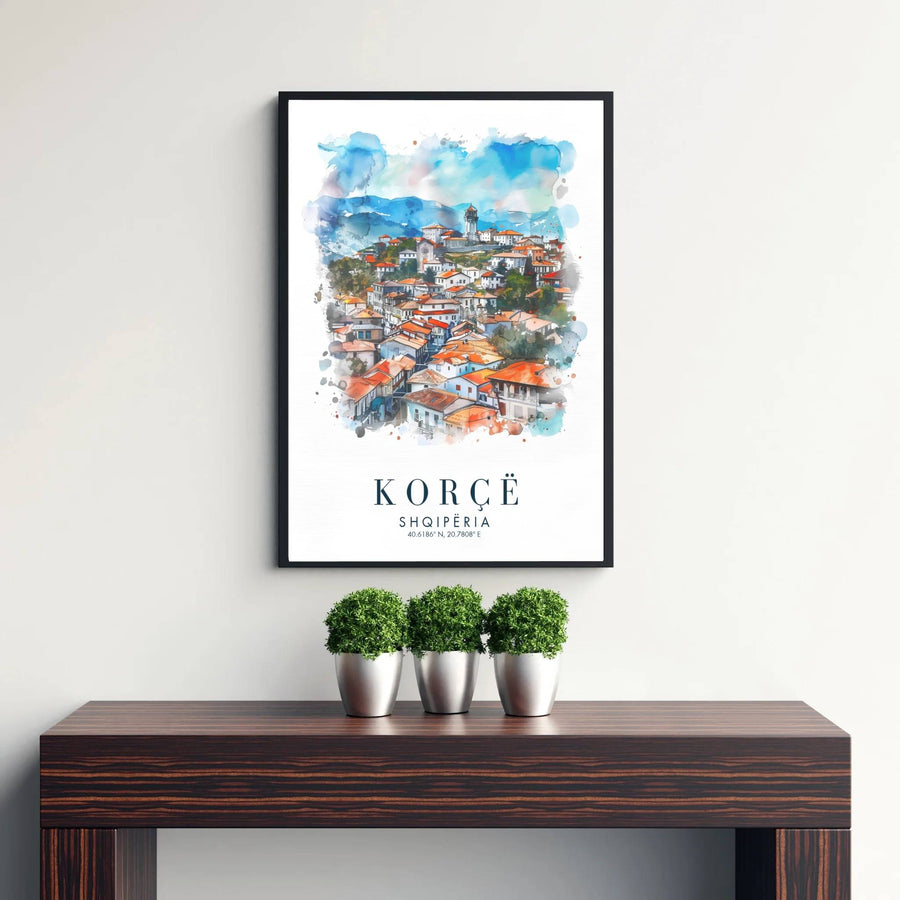 Transport your walls to the cultural capital of Albania with a delicate watercolor rendering of Korçë Old Town and its charming traditional houses. Flexible purchase options include unframed paper, tailored wooden frames, and gallery canvas wraps for home decor.