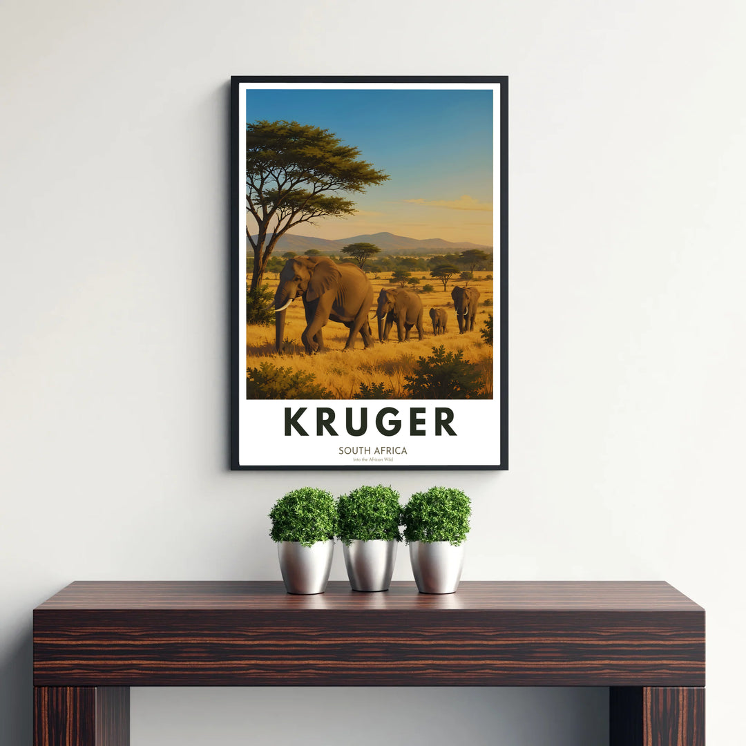 Vintage style Kruger National Park poster depicting wild elephants, umbrella acacia trees, and distant Drakensberg mountains. Offered by MapYourDreams, this artwork is available in flexible options including unframed paper, custom wooden frames, and gallery canvas wraps for tailored room decor.