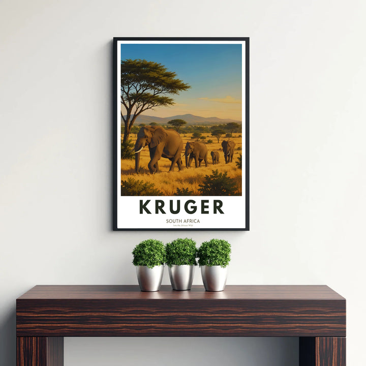 Vintage style Kruger National Park poster depicting wild elephants, umbrella acacia trees, and distant Drakensberg mountains. Offered by MapYourDreams, this artwork is available in flexible options including unframed paper, custom wooden frames, and gallery canvas wraps for tailored room decor.