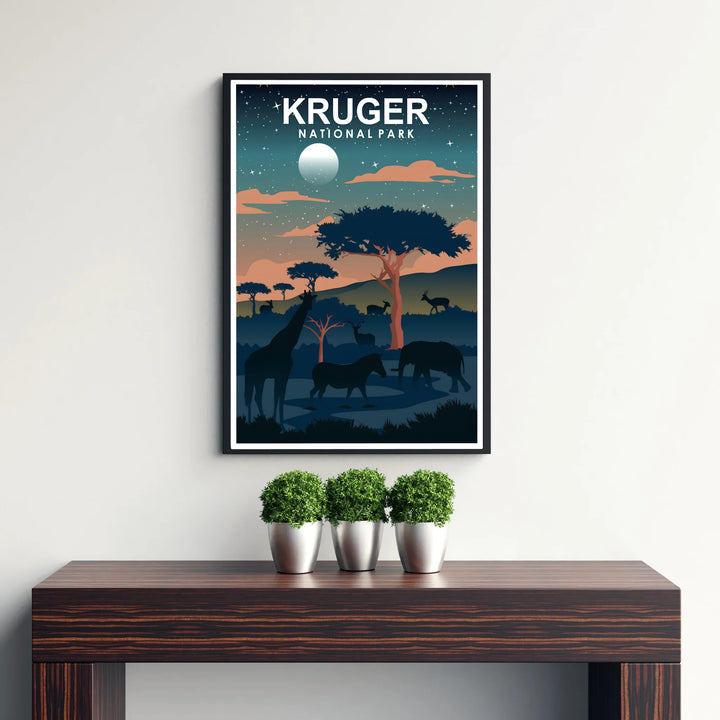 Deep teal and dusk orange South Africa night travel poster with classic typography and detailed nocturnal fauna silhouettes. Offered by MapYourDreams, this artwork is available in flexible options including unframed paper, custom wooden frames, and gallery canvas wraps for tailored home wall decor setups.