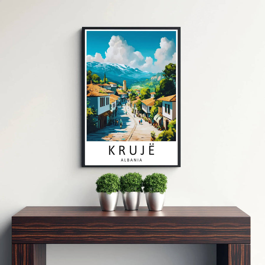 Transport your walls to the historic mountaintop fortress town of Krujë with a retro art rendering of its famous Old Bazaar and mountain views. Flexible purchase options include unframed paper, tailored wooden frames, and gallery canvas wraps for home decor.