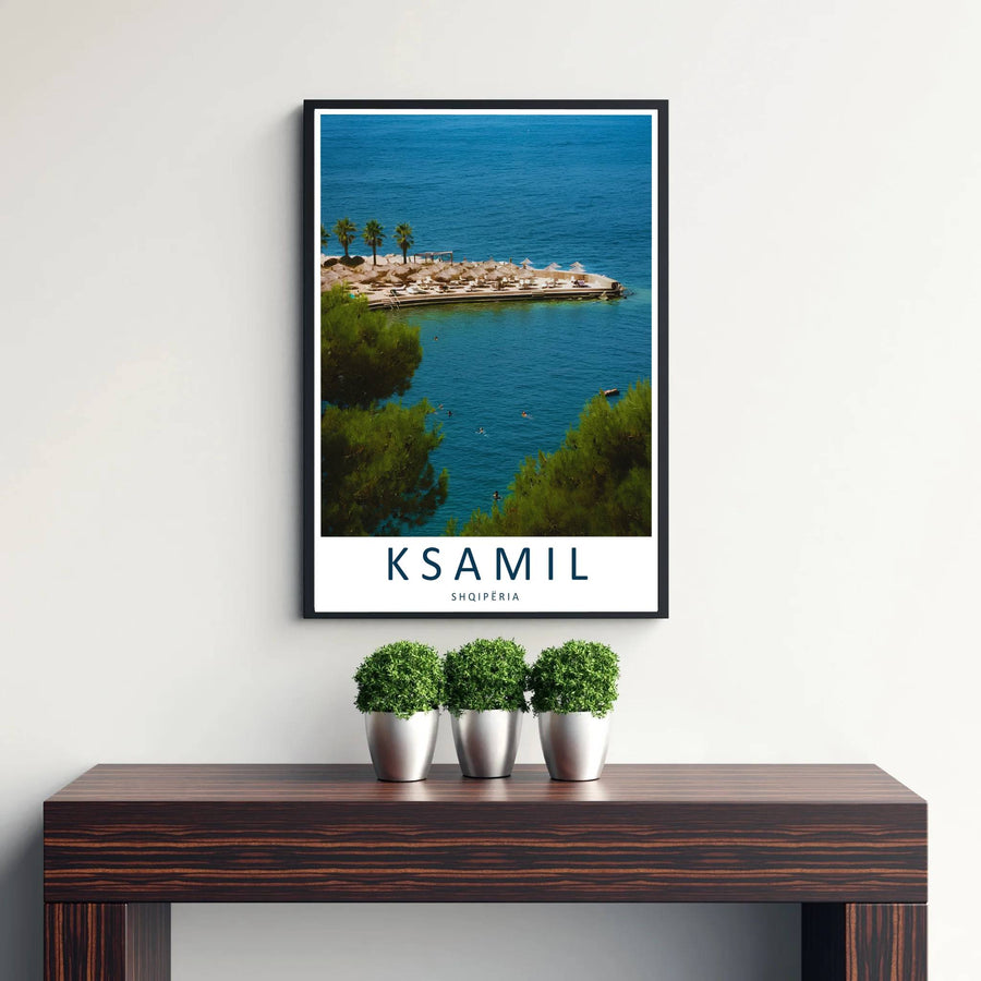 Transport your walls to the pristine shores of the Albanian Riviera with a photographic rendering of Ksamil’s famous beach resort coastline. Flexible purchase options include unframed paper, tailored wooden frames, and gallery canvas wraps for home decor.