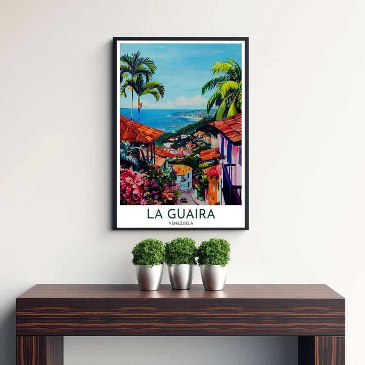 High-contrast terracotta, magenta, and sapphire blue wall art showing a hilltop view of La Guaira and the Caribbean coastline. Curated by MapYourDreams, this wall piece offers customizable choices such as archival paper prints, real wood frames, or canvas wraps.