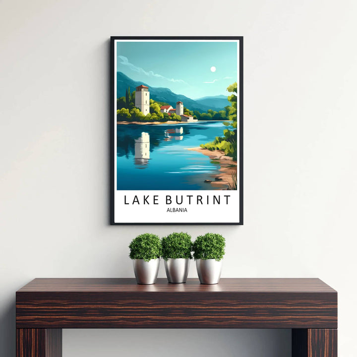 Transport your walls to the protected wetlands and historic ruins of Lake Butrint with a retro art rendering of its famous coastal landscape. Flexible purchase options include unframed paper, tailored wooden frames, and gallery canvas wraps for home decor.