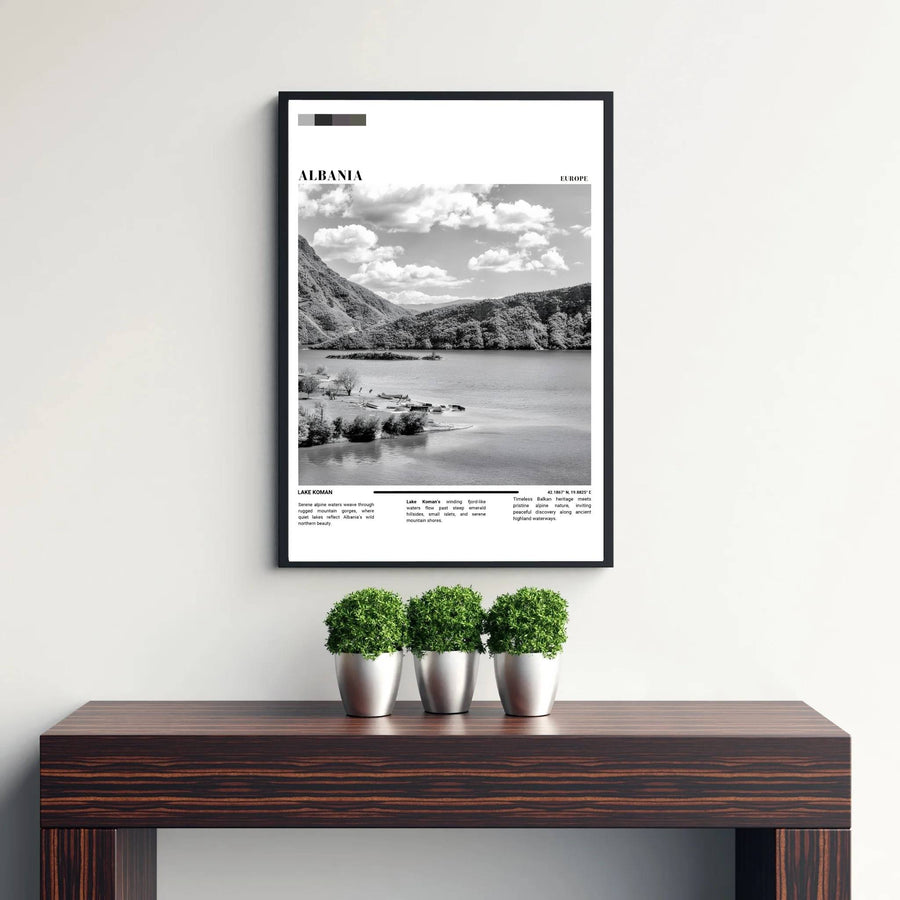 Transport your walls to the breathtaking gorges of northern Albania with a sophisticated monochromatic rendering of Lake Koman’s legendary waters. Flexible purchase options include unframed paper, tailored wooden frames, and gallery canvas wraps for home decor.
