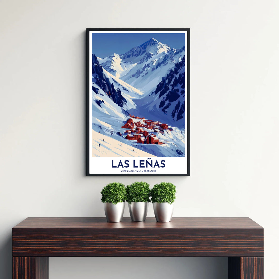 Vibrant winter travel art print capturing the powder snow slopes, ski lifts, and mountain lodges of Las Leñas. Offered by MapYourDreams, customers can choose between standalone paper prints, ready-to-hang wooden frames, and gallery canvas wraps.