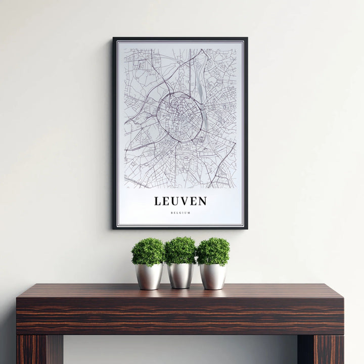 Architectural cartography poster displaying the road structure and radial layout of Leuven, Belgium. Available from MapYourDreams in versatile choices including unframed archival poster paper, custom frames, and stretched gallery canvas formats.