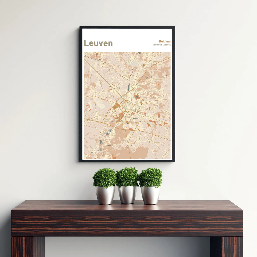 Architectural cartography poster displaying the road structure and radial layout of Leuven, Belgium in beige and terracotta. Available from MapYourDreams in versatile choices including unframed archival poster paper, custom frames, and stretched gallery canvas formats.