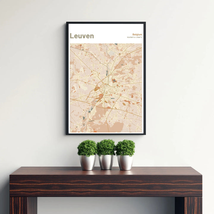 Architectural cartography poster displaying the road structure and radial layout of Leuven, Belgium in beige and terracotta. Available from MapYourDreams in versatile choices including unframed archival poster paper, custom frames, and stretched gallery canvas formats.