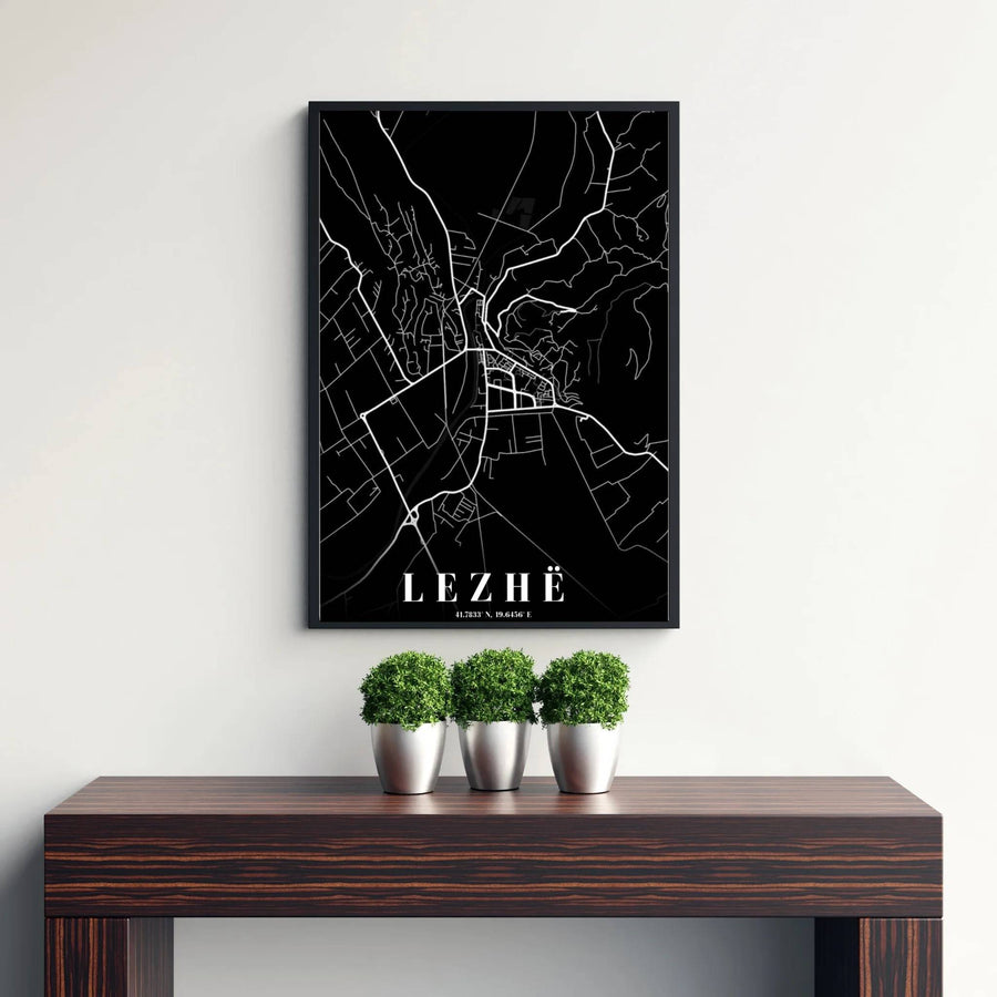 Bring modern cartographic elegance to your wall decor with a minimalist black and white map of Lezhë, designed for clean and contemporary interiors. Flexible purchasing options include unframed matte paper prints, framed presentations, and wrapped canvas formats.