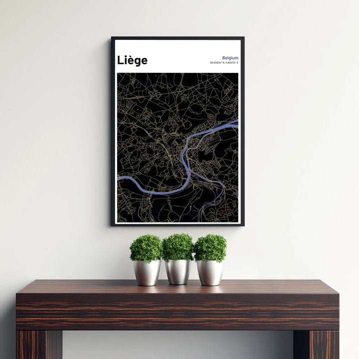 Architectural cartography poster displaying the road structure and river curves of Liège, Belgium on a dark background. Available from MapYourDreams in versatile choices including unframed archival poster paper, custom frames, and stretched gallery canvas formats.