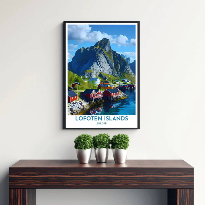 Crimson red rorbuer cabins and granite mountain photo poster of Hamnoy Lofoten Islands under crisp Arctic daylight. Published by MapYourDreams, this artwork is available in flexible options including unframed paper, custom wooden frames, and gallery canvas wraps for fine art display.