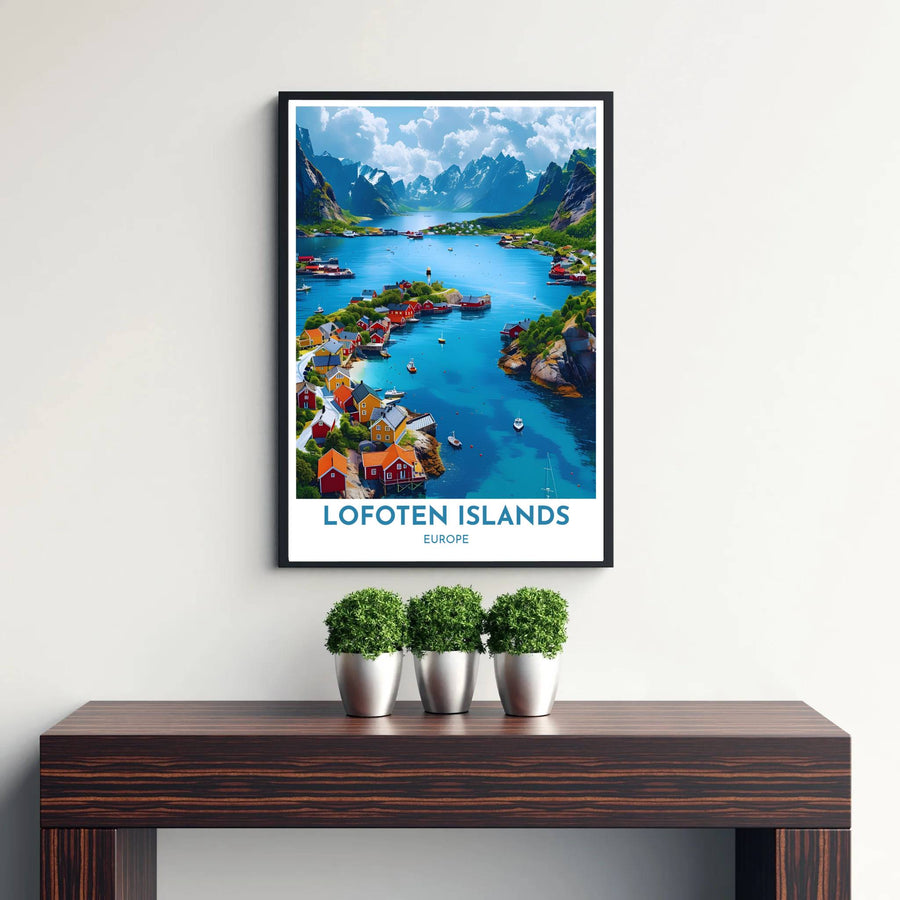 Crimson red rorbuer cabins and turquoise fjord photo poster of Henningsvaer Lofoten Islands under crisp Arctic sunlight. Published by MapYourDreams, this artwork is available in flexible options including unframed paper, custom wooden frames, and gallery canvas wraps for fine art display.