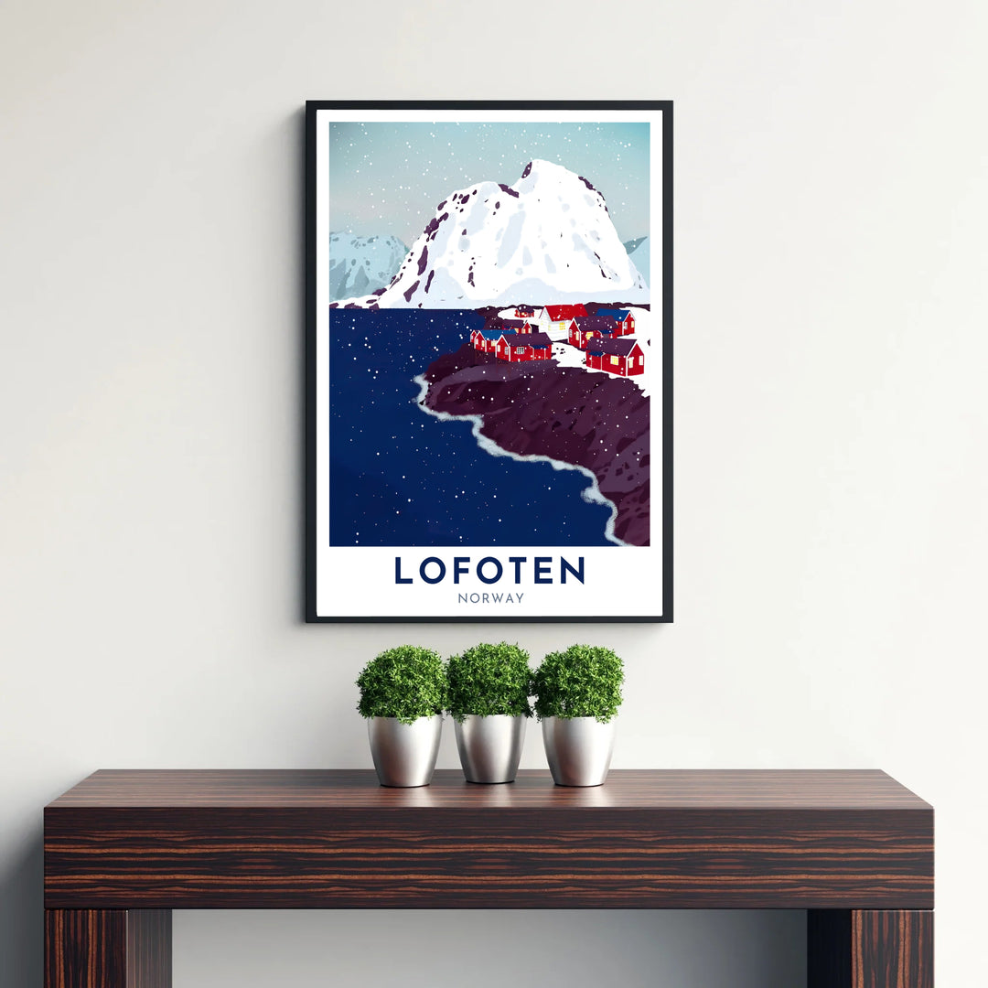Iconic Scandinavian landscape print illustrating the red rorbuer huts of Lofoten Norway surrounded by winter snow and giant mountain slopes. Ideal for decor enthusiasts, this wall decor selection includes lightweight unframed paper prints, solid wood framed prints, and gallery wrapped canvas wall decor options.