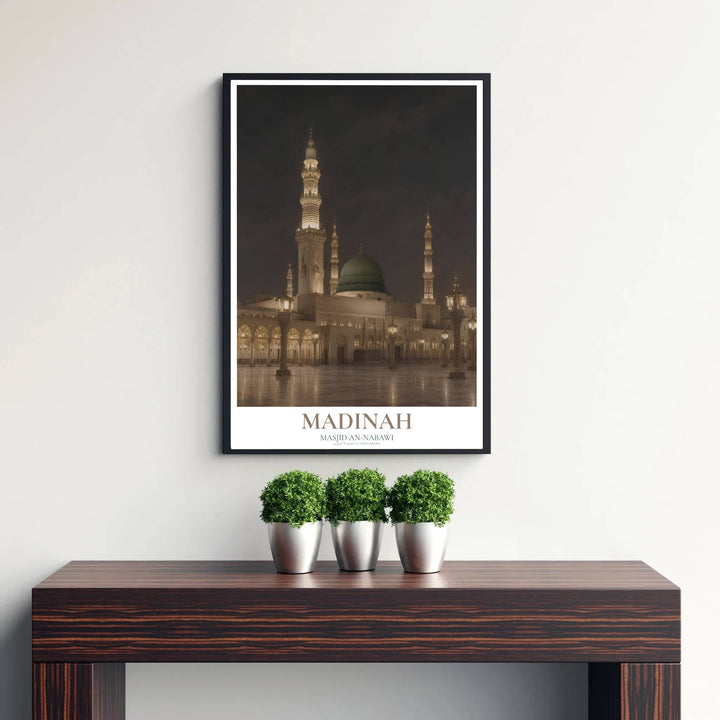Warm amber gold and dark evening sky photo poster of Al Masjid an Nabawi in Madinah with glossy marble courtyard reflections. Published by MapYourDreams, this artwork is available in flexible options including unframed paper, custom wooden frames, and gallery canvas wraps for fine art display.