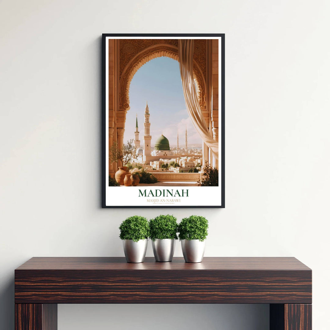 Warm terracotta amber and soft blue sky photo poster of Al Masjid an Nabawi in Madinah with olive greenery and carved arch framing. Published by MapYourDreams, this artwork is available in flexible options including unframed paper, custom wooden frames, and gallery canvas wraps for fine art display.