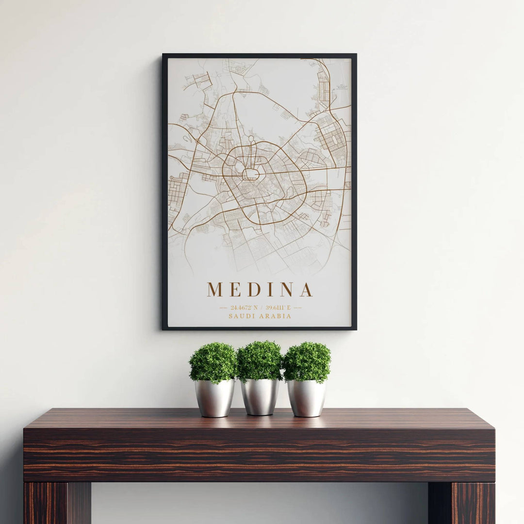 Warm bronze and gold metallic line photo poster of Medina city map under clean minimalist lighting. Published by MapYourDreams, this artwork is available in flexible options including unframed paper, custom wooden frames, and gallery canvas wraps for fine art display.