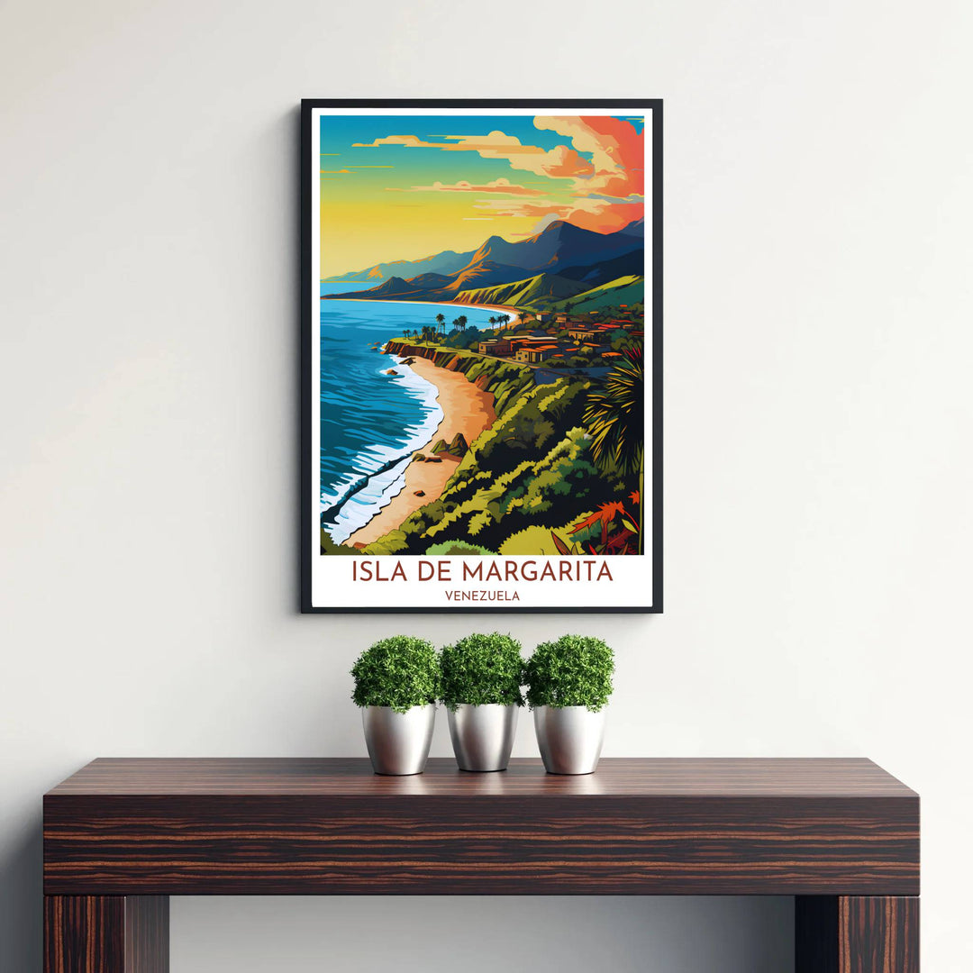 Saturated tropical travel art print capturing the sunset light, ocean surf, and coastal mountain geography of Margarita Island. Offered by MapYourDreams, customers can choose between standalone paper prints, ready-to-hang wooden frames, and gallery canvas wraps.